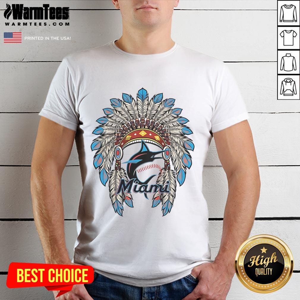 Official Miami Marlins Native American Logo T-Shirt featuring bold graphics and a comfortable fit for fans.