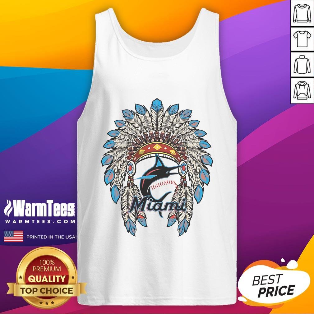 Official Miami Marlins Native American logo tank top featuring vibrant colors and unique design for fans.
