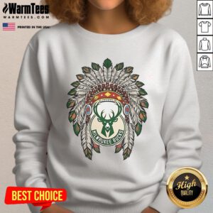 Alt Text: Official Milwaukee Bucks Native American logo sweatshirt featuring vibrant colors and unique design for fans.