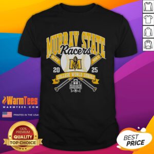 Alt Text: Official NCAA Murray State Racers College World Series 2025 baseball T-shirt in blue with team logo and graphics.