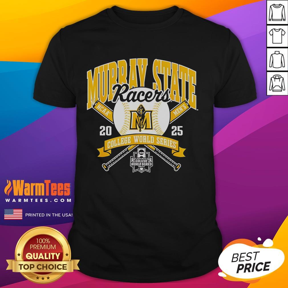 Alt Text: Official NCAA Murray State Racers College World Series 2025 baseball T-shirt in blue with team logo and graphics.