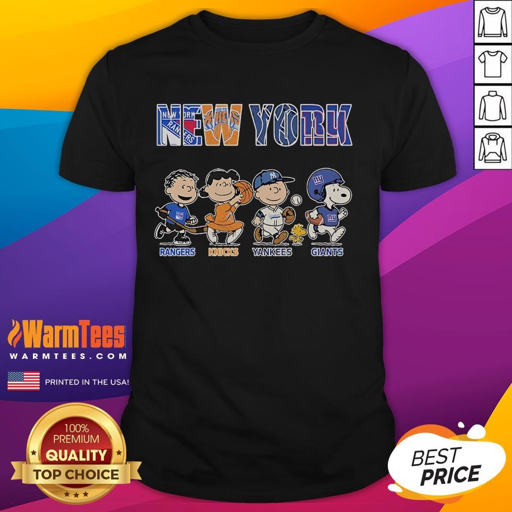 Alt Text: Official Peanuts New York Rangers Knicks Yankees Giants T-Shirt featuring iconic characters in team colors.