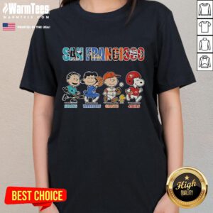 Official Peanuts San Francisco Sharks Warriors Giants 49ers Ladies Tee featuring iconic characters and team logos.