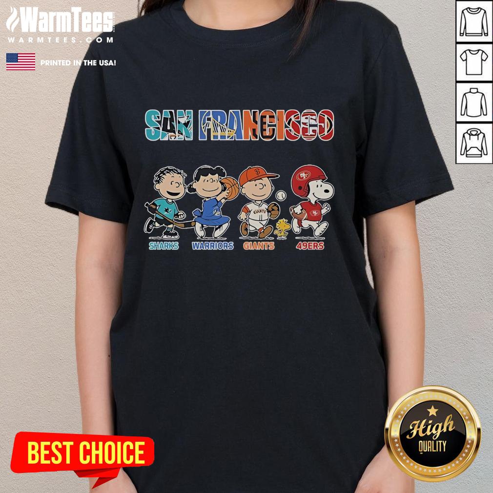 Official Peanuts San Francisco Sharks Warriors Giants 49ers Ladies Tee featuring iconic characters and team logos.