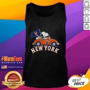Official Snoopy and Woodstock driving a car in a New York Mets tank top for October 2024, showcasing playful team spirit.