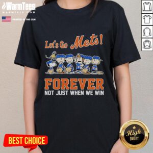 Alt Text: Official Snoopy Peanuts New York Mets ladies tee with 'Let's Go Mets Forever' slogan, perfect for fans.