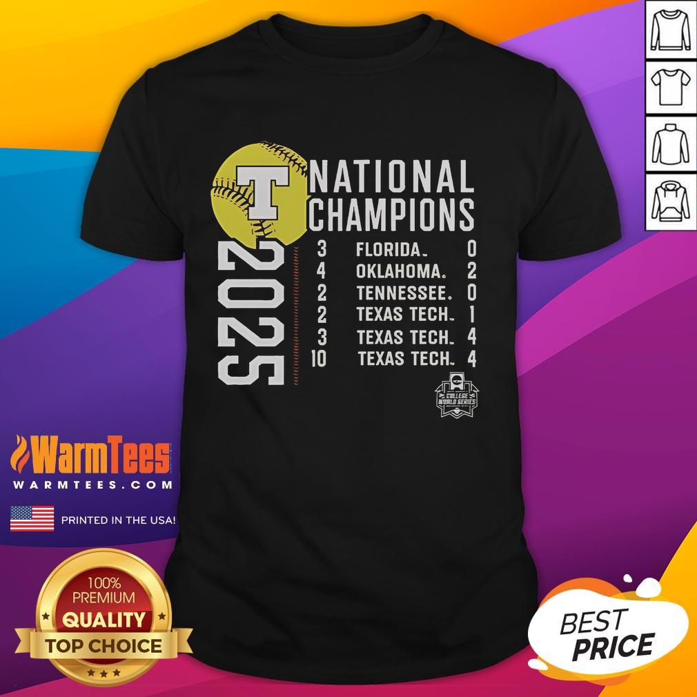 Official Texas Longhorns 2025 NCAA Softball Women's College World Series Champions Schedule T-Shirt design featuring team colors.