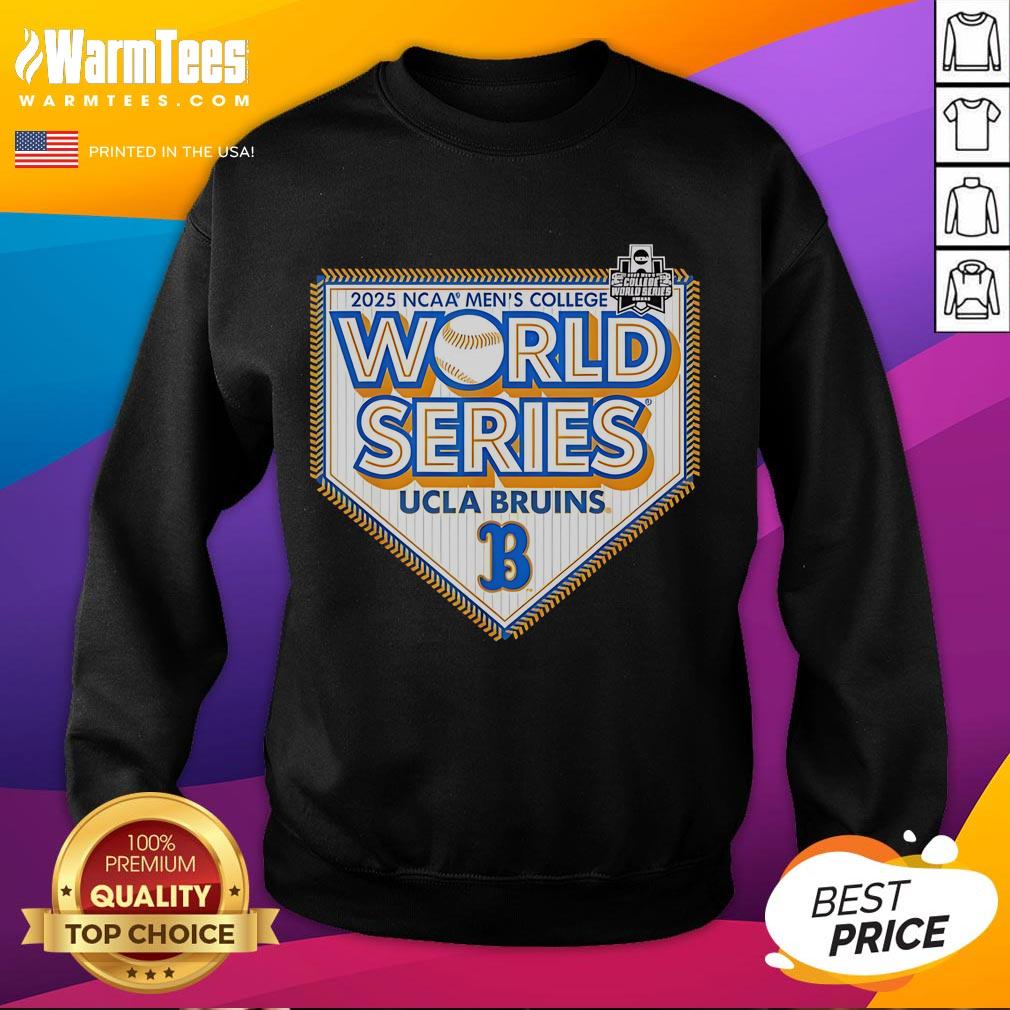 UCLA Bruins CWS 2025 Baseball College World Series sweatshirt in blue, featuring team logo and championship graphics.