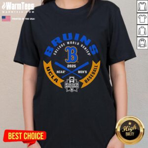 Official UCLA Bruins College World Series 2025 baseball ladies tee featuring team logo and vibrant design.
