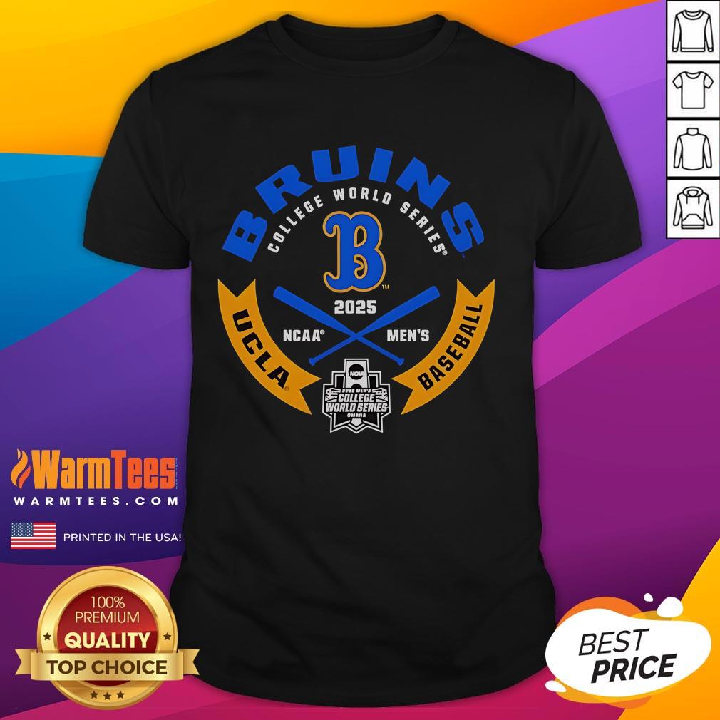 Official UCLA Bruins College World Series 2025 baseball t-shirt featuring team logo and vibrant colors.