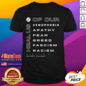 Premium Silent Planet 'Heal Us Of Our Xenophobia' T-Shirt featuring powerful messaging against fear, greed, and racism.