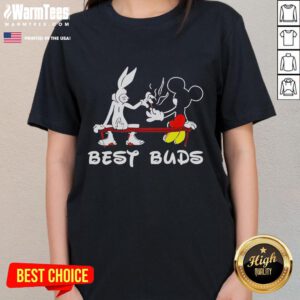 Awesome Bugs Bunny and Mickey Mouse graphic on a ladies tee, showcasing best buds in a fun, colorful design.