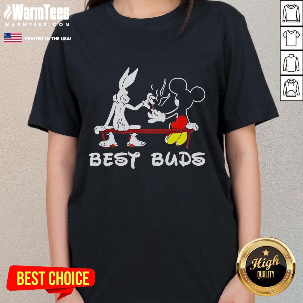 Awesome Bugs Bunny and Mickey Mouse graphic on a ladies tee, showcasing best buds in a fun, colorful design.