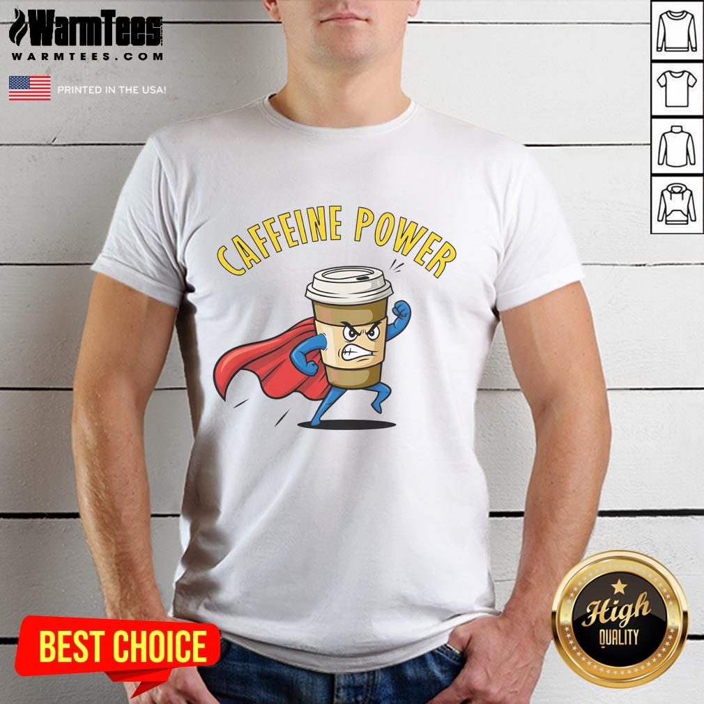 Awesome Caffeine Power Super Man Coffee T-Shirt featuring a vibrant graphic design, perfect for coffee lovers and superheroes.