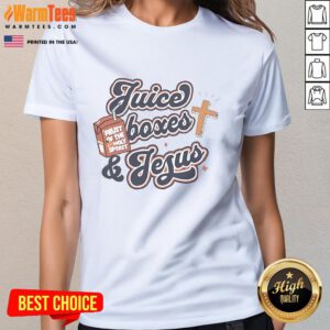 Alt Text: Awesome Juice Boxes and Jesus Ladies Tee featuring colorful graphics and a fun design for casual wear.