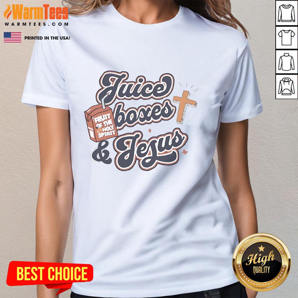 Alt Text: Awesome Juice Boxes and Jesus Ladies Tee featuring colorful graphics and a fun design for casual wear.