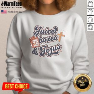 Awesome juice boxes and Jesus sweatshirt design featuring vibrant colors and playful graphics for a fun look.