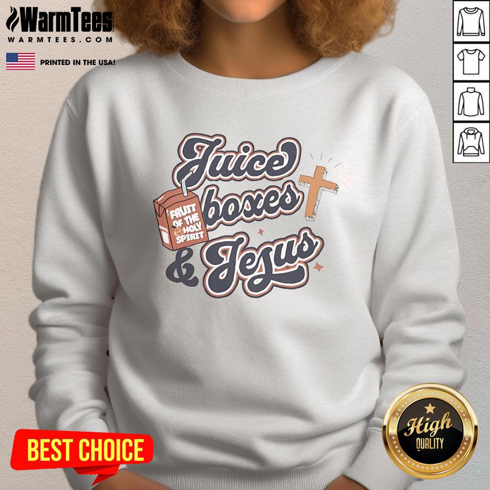 Awesome juice boxes and Jesus sweatshirt design featuring vibrant colors and playful graphics for a fun look.