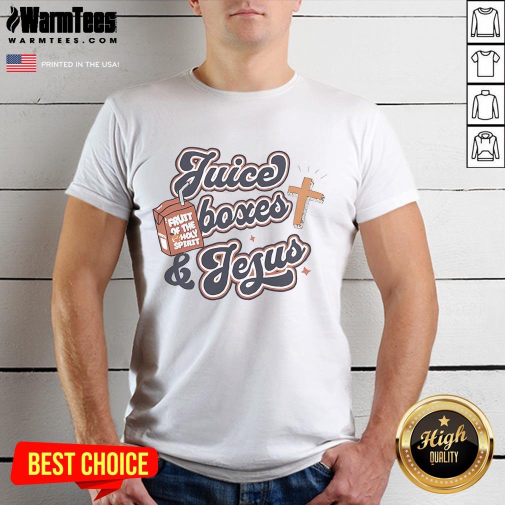 Awesome Juice Boxes and Jesus T-Shirt featuring vibrant graphics and playful design, perfect for casual wear or gifts.