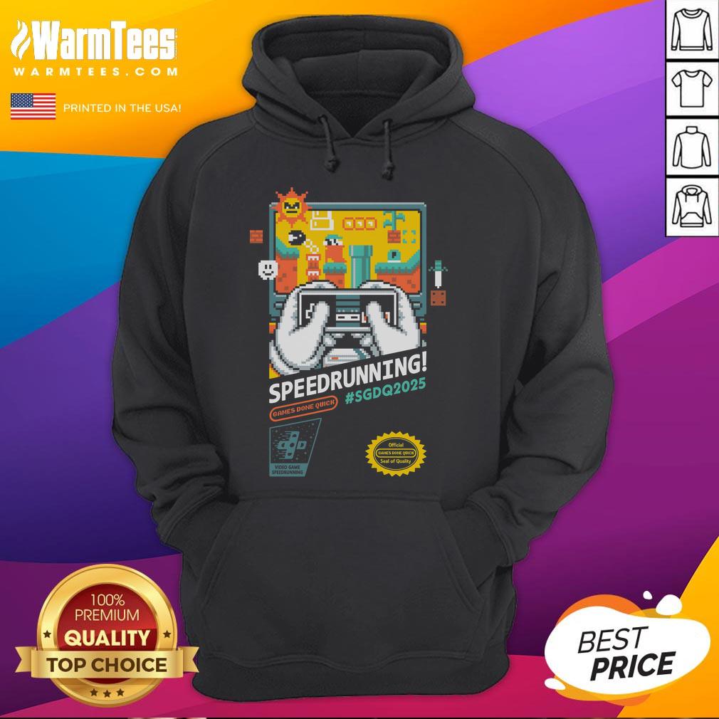 Awesome Mario SGDQ Speedrunning 2025 Retro Gamer Hoodie featuring vibrant graphics and a comfortable fit for gamers.