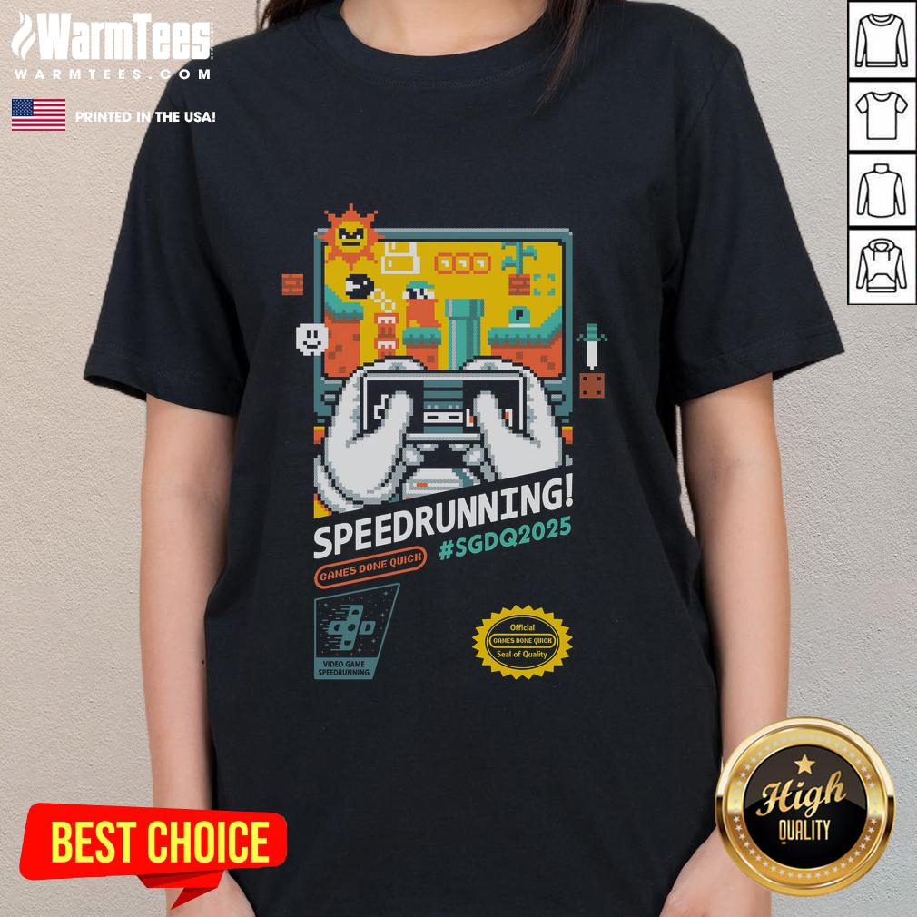 Awesome Mario SGDQ Speedrunning 2025 retro gamer ladies tee featuring vibrant graphics and a stylish design for gamers.