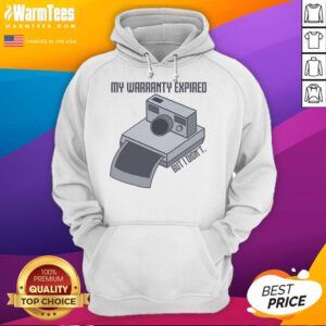 Vintage instant camera hoodie featuring 'My Warranty Expired But I Didn't' design, perfect for photography enthusiasts.