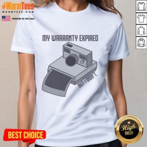 Vintage instant camera graphic on 'My Warranty Expired But I Didn't' ladies tee, perfect for photography enthusiasts.
