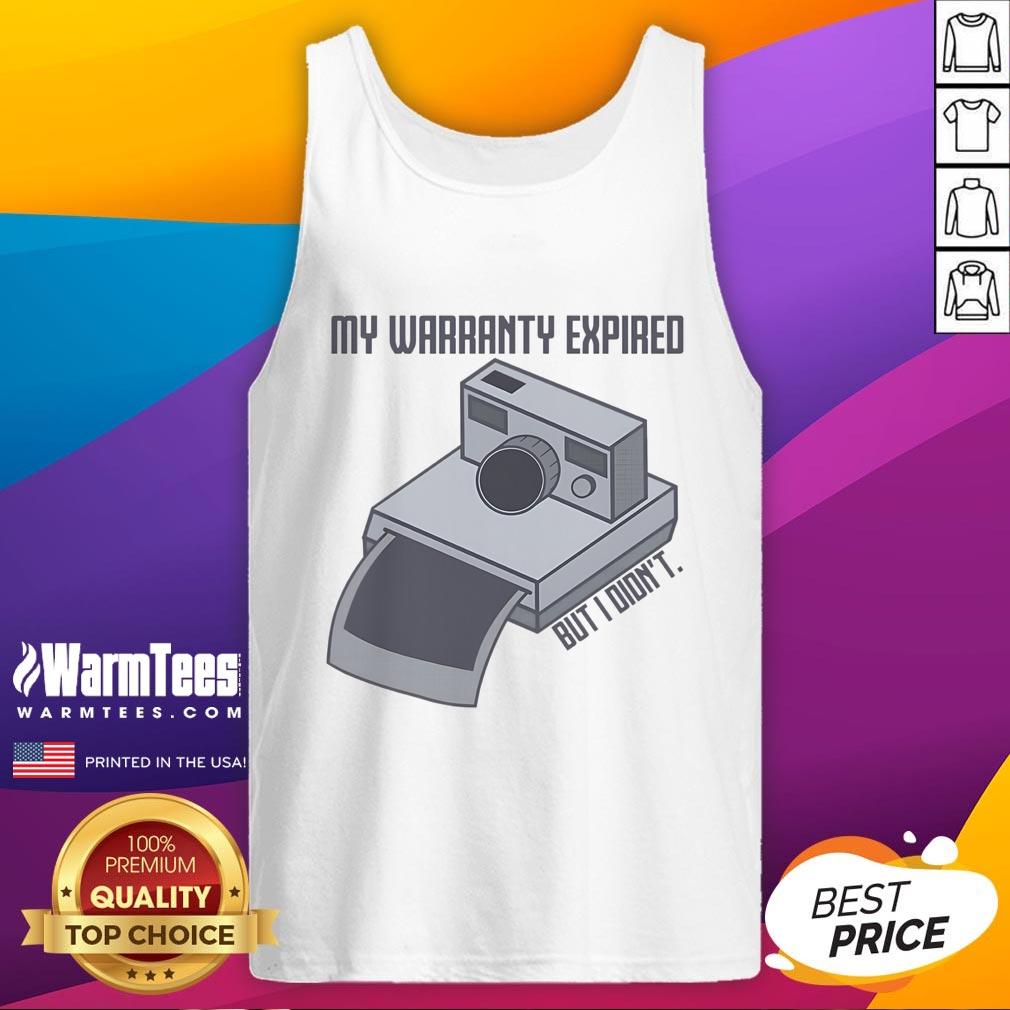 Vintage instant camera tank top featuring 'My Warranty Expired But I Didn't' design, perfect for photography lovers.