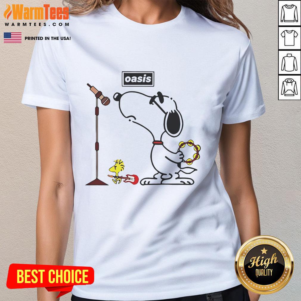 Awesome Oasis Snoopy Woodstock ladies tee featuring vibrant graphics of Snoopy and Woodstock in a cozy design.