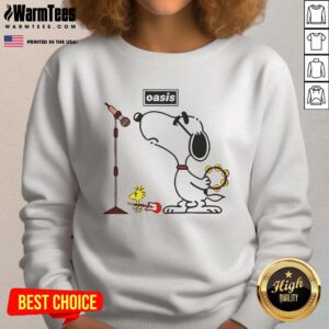 Awesome Oasis Snoopy Woodstock sweatshirt featuring colorful graphics of Snoopy and Woodstock in a cozy design.