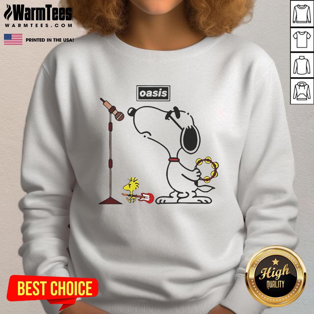 Awesome Oasis Snoopy Woodstock sweatshirt featuring colorful graphics of Snoopy and Woodstock in a cozy design.