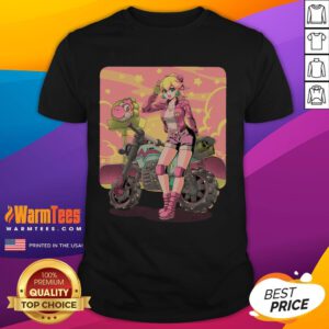 Awesome Princesses Peach motorcycle cross country retro anime gamer T-shirt featuring vibrant graphics and playful design.