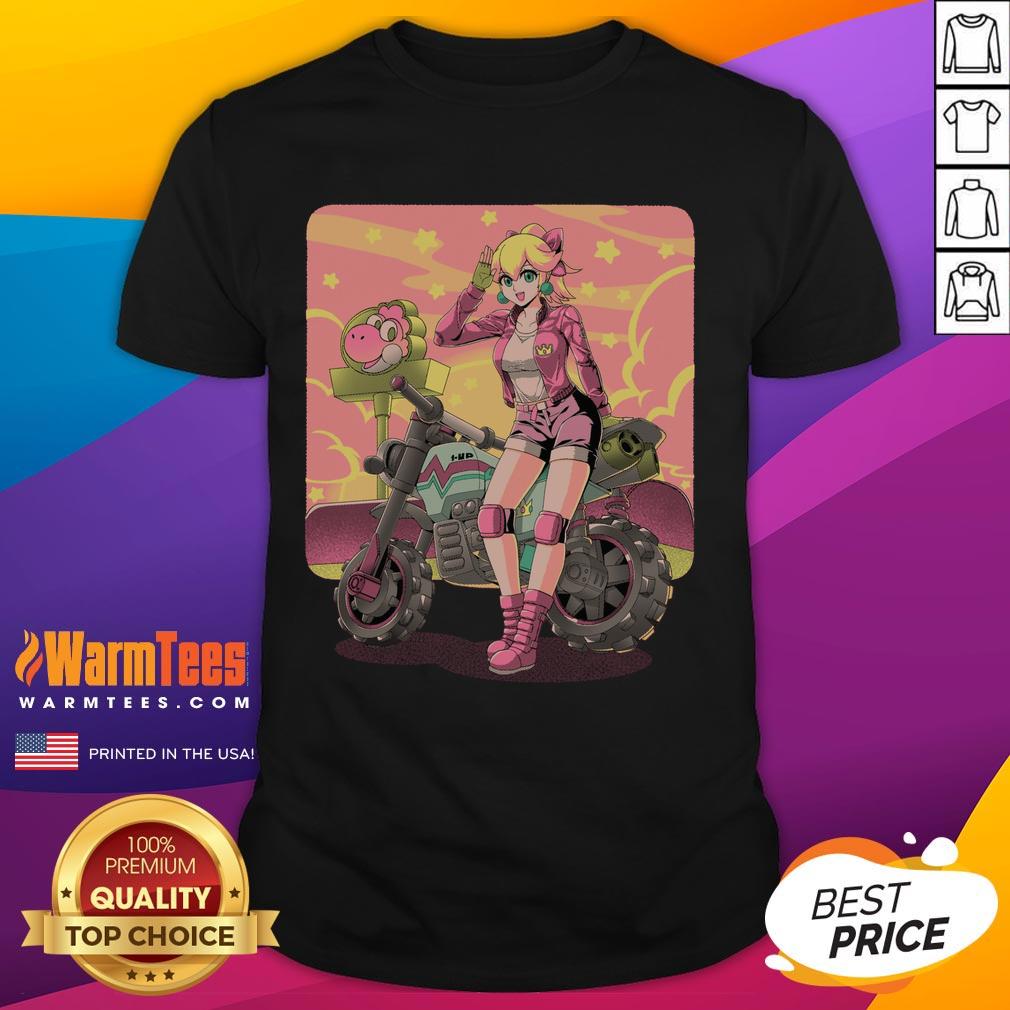 Awesome Princesses Peach motorcycle cross country retro anime gamer T-shirt featuring vibrant graphics and playful design.