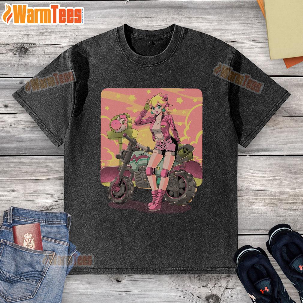 Alt Text: Retro anime gamer t-shirt featuring Awesome Princesses Peach on a motorcycle, perfect for cross-country adventures.