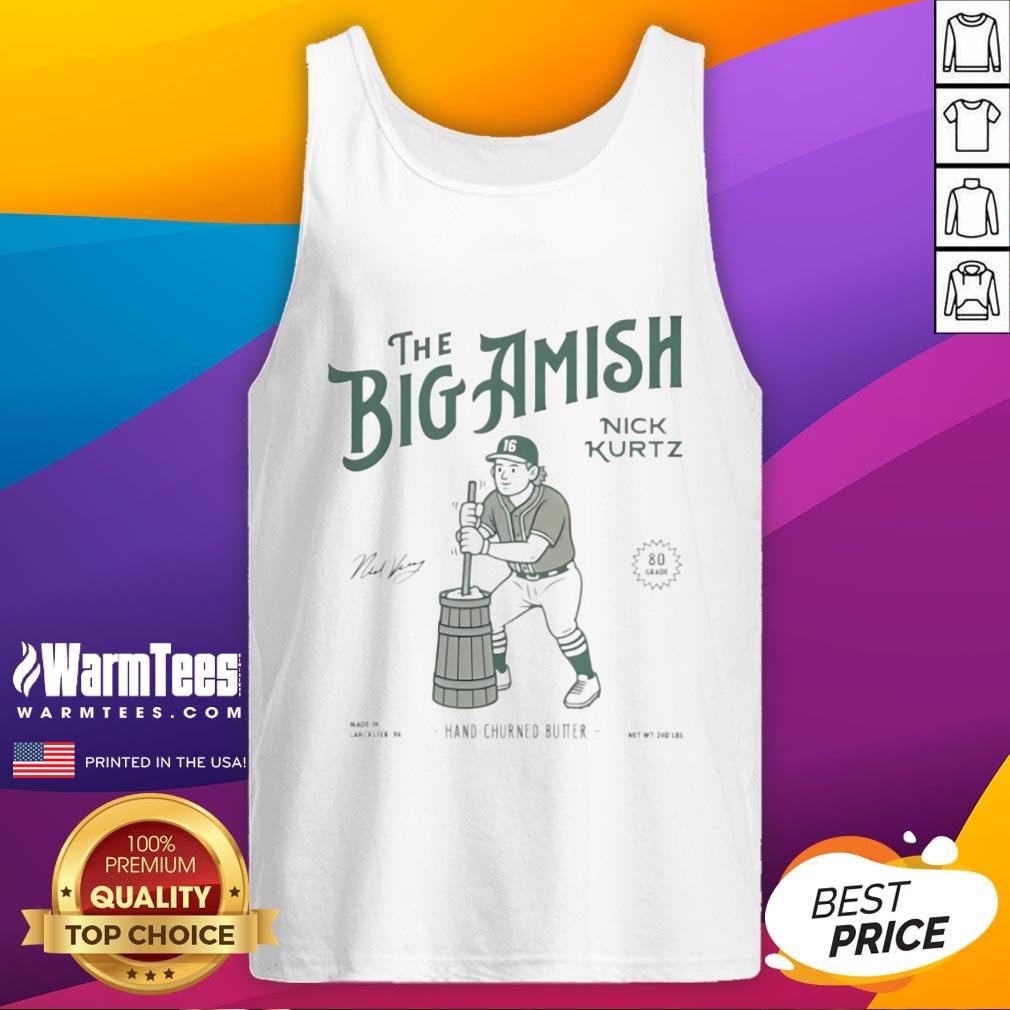 Nick Kurtz wearing an Awesome Big Amish hand-churned butter tank top, showcasing a unique and playful design.
