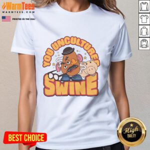 Alt Text: Awesome Toy Story Mr. Potato Head 'You Uncultured Swine' Ladies Tee featuring a colorful design and playful text.