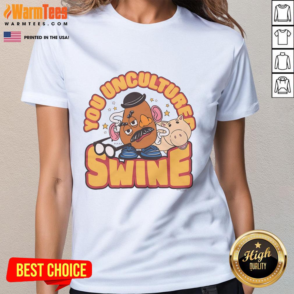 Alt Text: Awesome Toy Story Mr. Potato Head 'You Uncultured Swine' Ladies Tee featuring a colorful design and playful text.