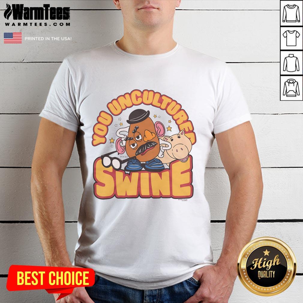 Alt Text: Awesome Toy Story Mr. Potato Head You Uncultured Swine T-Shirt design featuring vibrant colors and playful graphics.