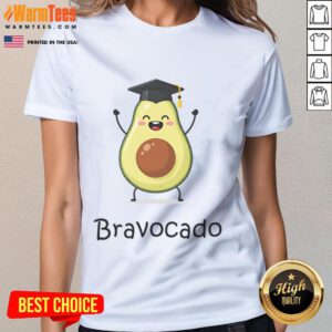 Adorable Cute Bravocado avocado character celebrating graduation on a ladies tee, perfect for graduation gifts.