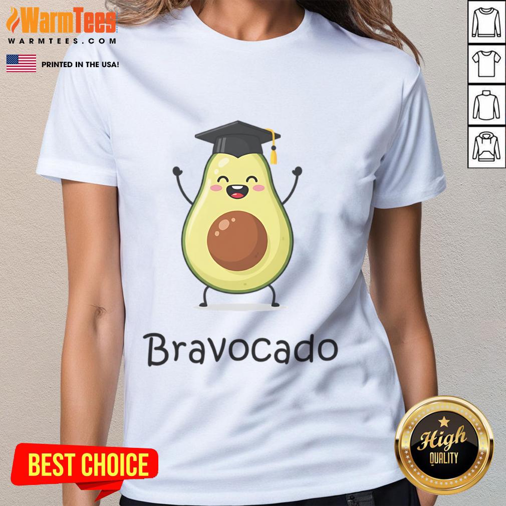 Adorable Cute Bravocado avocado character celebrating graduation on a ladies tee, perfect for graduation gifts.