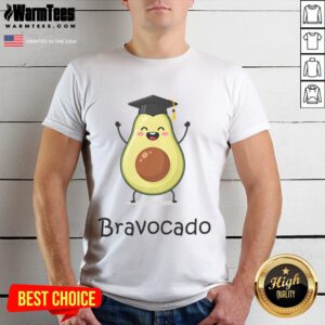 Cute Bravocado avocado graduation t-shirt design featuring a joyful avocado character celebrating with a cap and diploma.