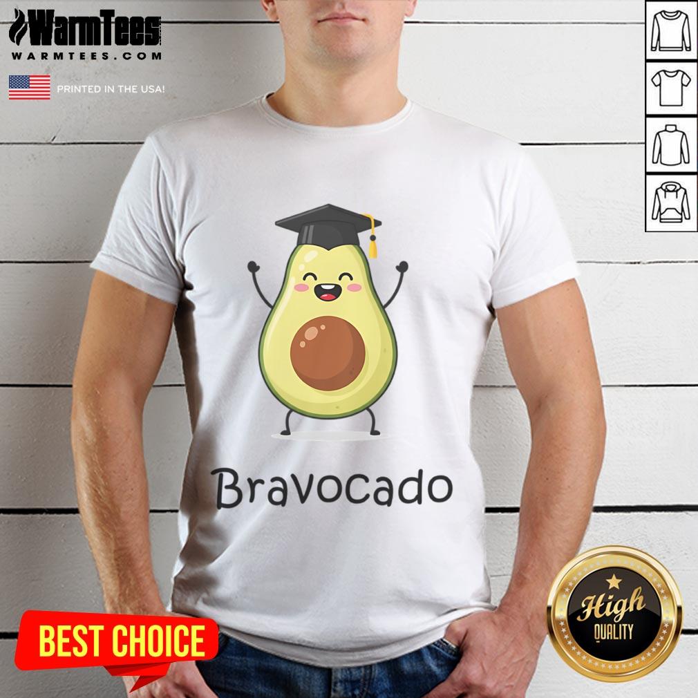 Cute Bravocado avocado graduation t-shirt design featuring a joyful avocado character celebrating with a cap and diploma.