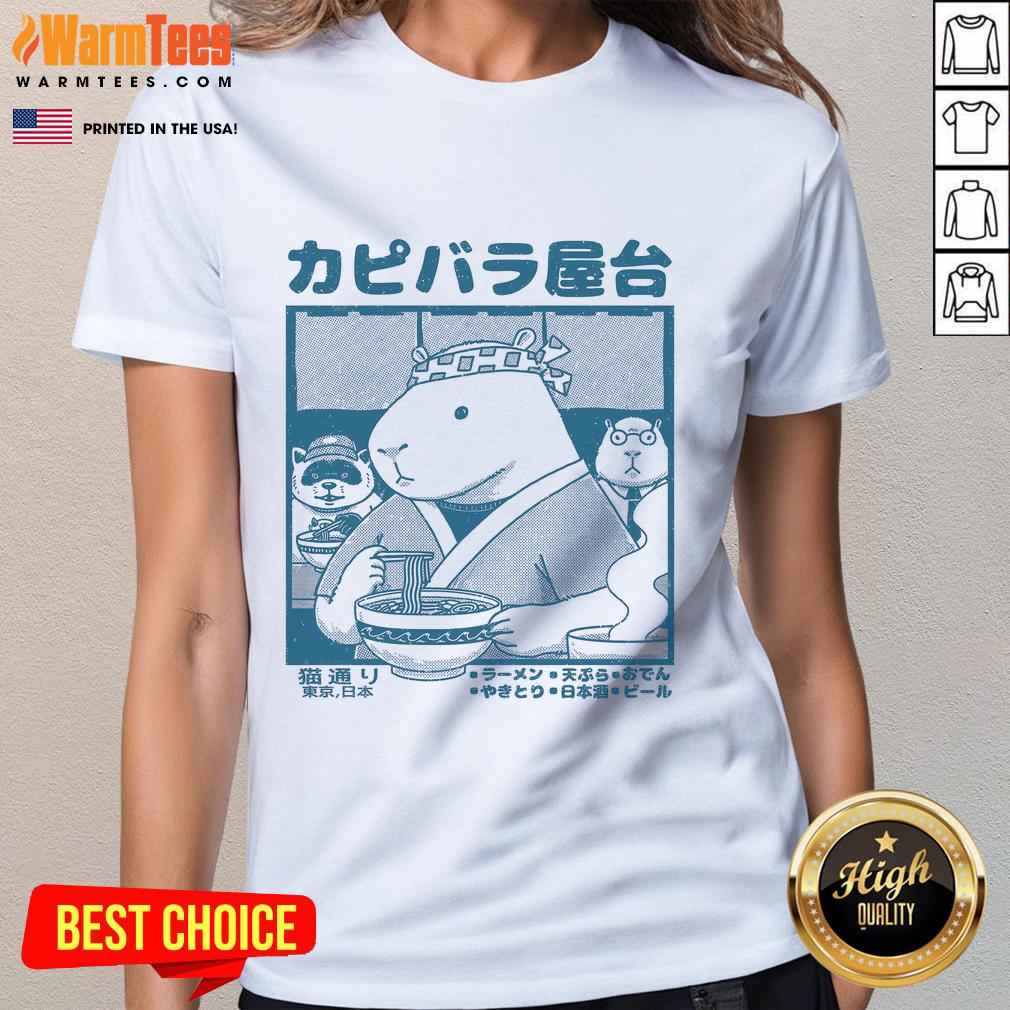 Cute Capy Food Cart Ladies Tee featuring a whimsical capybara design, perfect for animal lovers and casual wear.