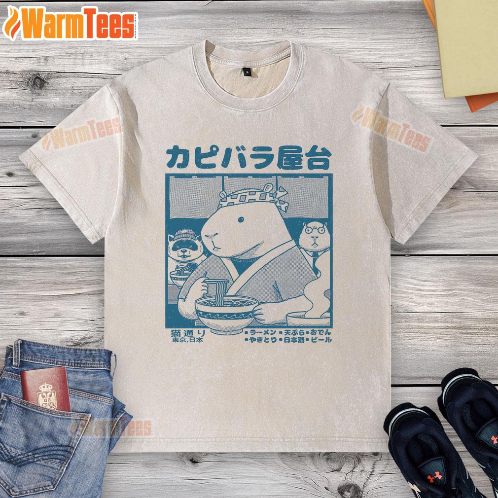 Cute capybara food cart design on a washed t-shirt, perfect for animal lovers and casual wear.