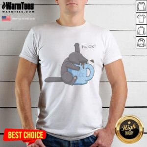 Alt Text: Cute cat drowning in coffee cup on 'I'M Ok' T-shirt, perfect for cat lovers and coffee enthusiasts.