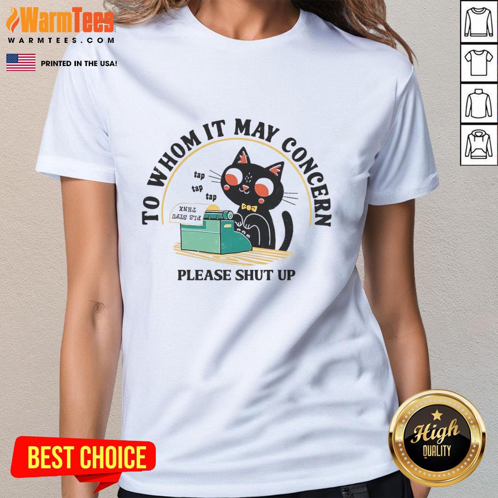 Cute cat graphic on a Shut Up ladies tee, perfect for cat lovers and humorous fashion enthusiasts.