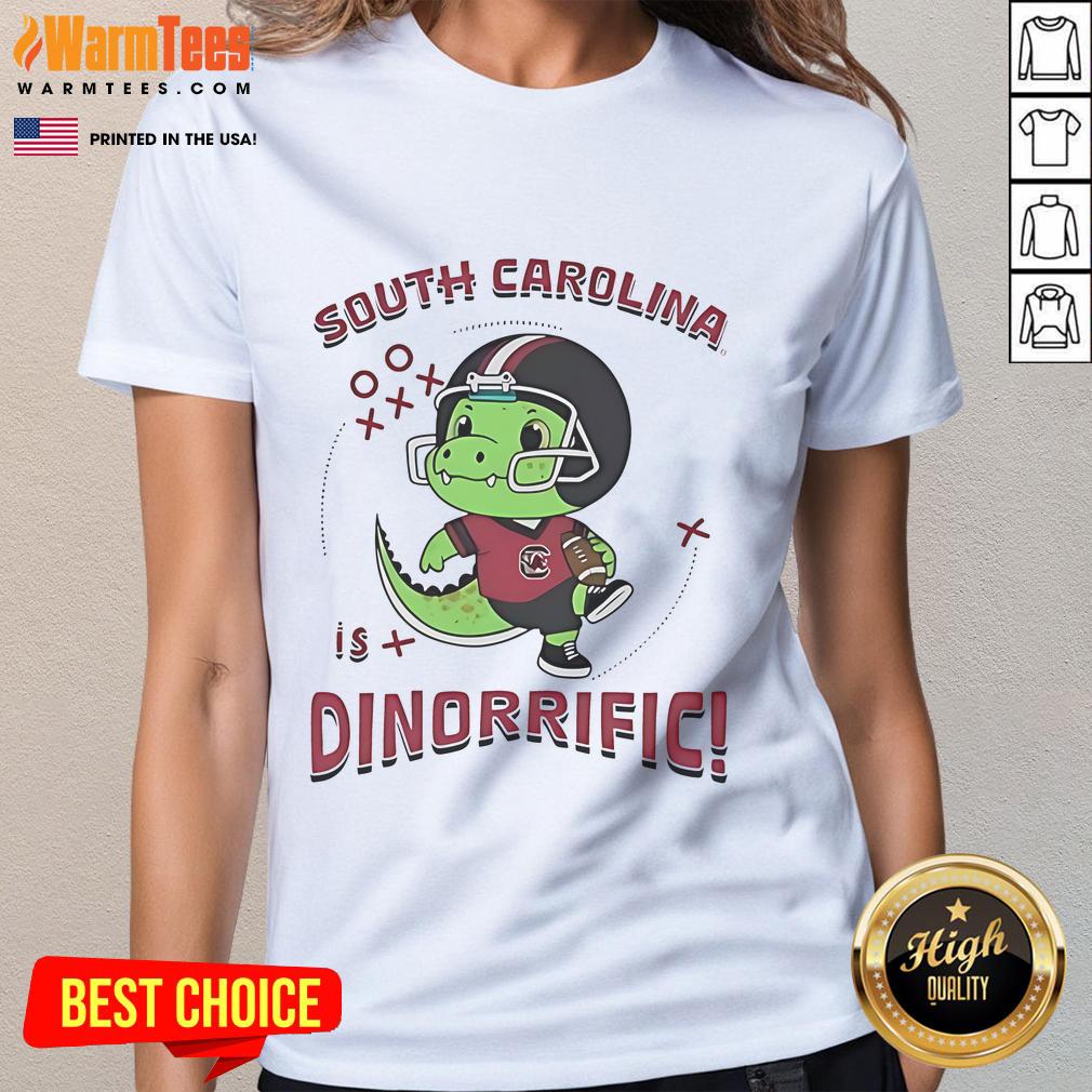 Cute dinosaur design on South Carolina Gamecocks Dino-Riffic ladies tee for fans and womens sports apparel.