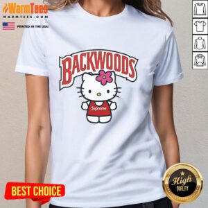 Alt Text: Cute Hello Kitty Backwoods Ladies Tee featuring a playful design, perfect for casual outings and Hello Kitty fans.