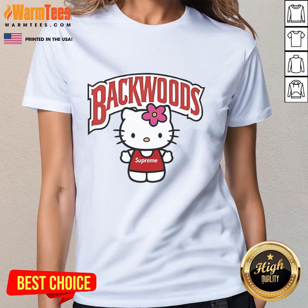Alt Text: Cute Hello Kitty Backwoods Ladies Tee featuring a playful design, perfect for casual outings and Hello Kitty fans.