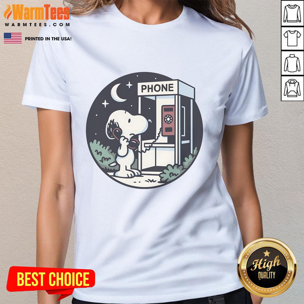 Cute Snoopy doggy phone home ladies tee featuring an adorable graphic of Snoopy on a stylish t-shirt for women.